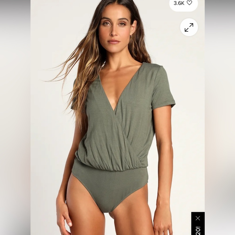 Lulus Olive Green V-Neck Short Sleeve Surplice Bodysuit Small